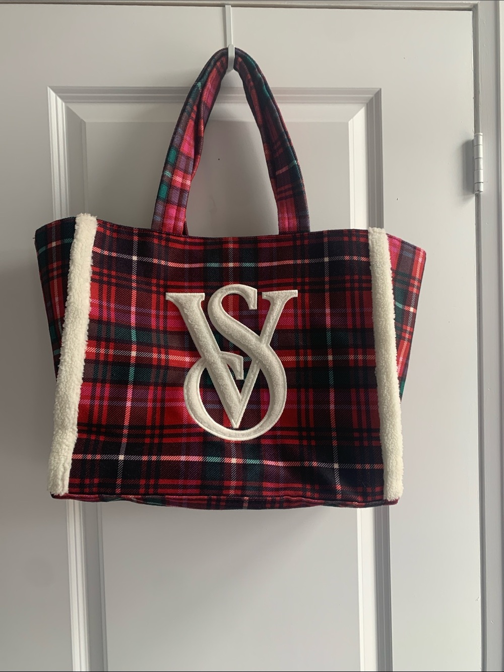 Victoria's Secret Red Plaid Tote with Cream Shearling Accents